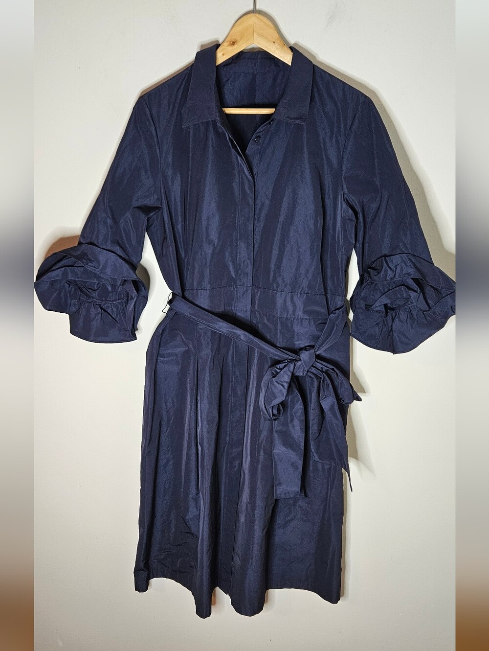 Lafayette 148 New York Hughes Midi Shirtdress Dress Navy Blue Ruffle Cuffs L - Picture 2 of 10